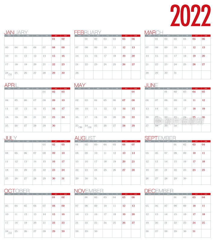 日历2022 - 12个月(安排在周一至周日)